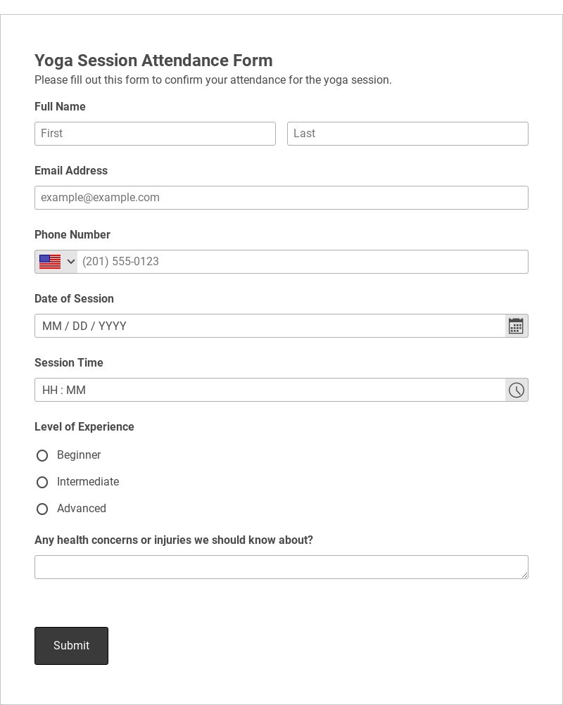 Yoga Session Attendance Form Template form template