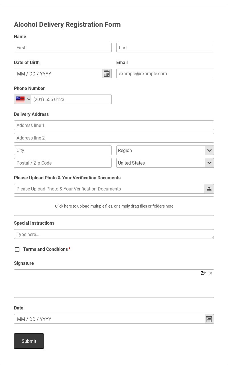 Alcohol Delivery Registration Form Template form template