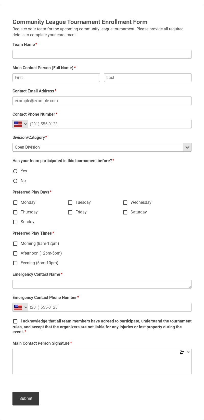 Community League Tournament Enrollment Form Template form template