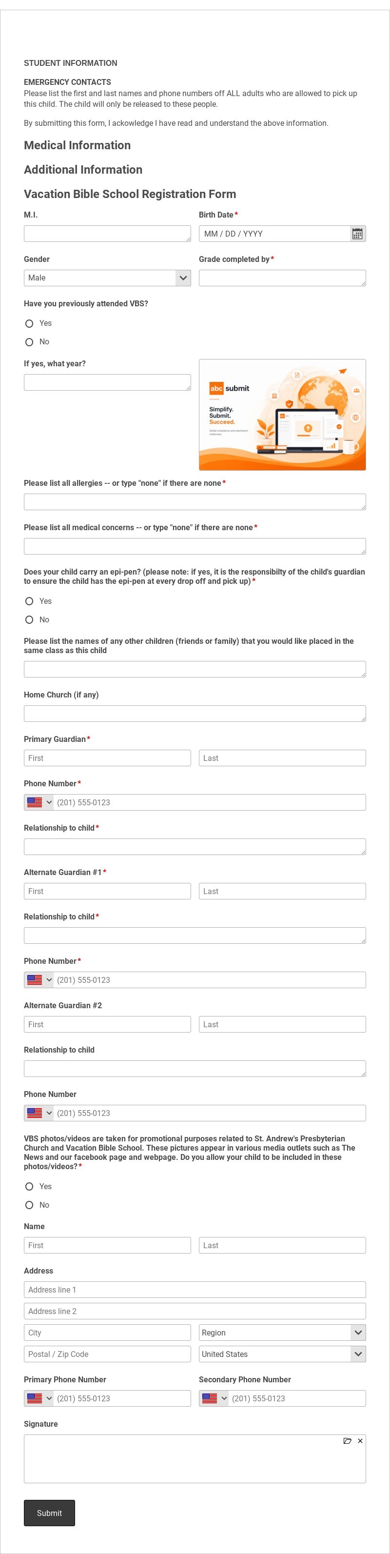 Vacation Bible School Registration Form Template form template