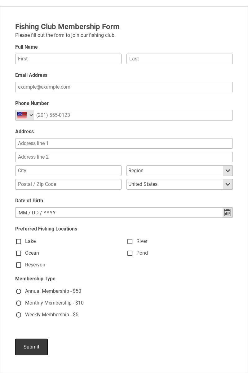 Fishing Club Membership Form Template form template