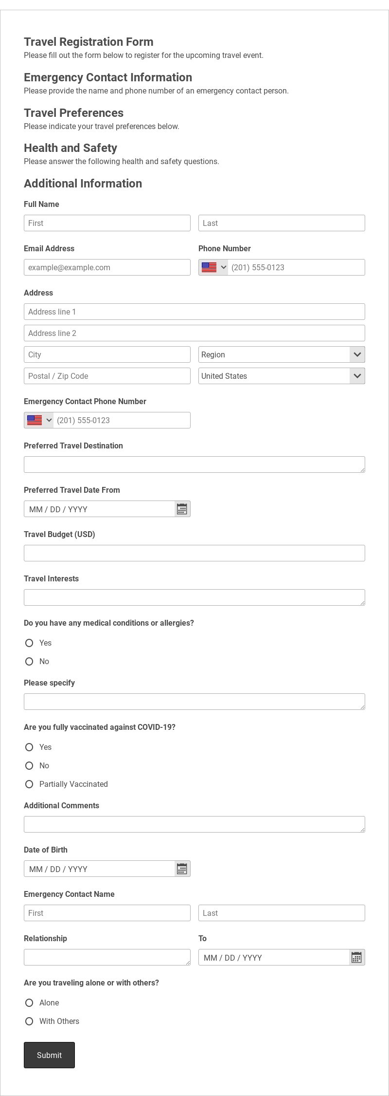 Travel Registration Form Template form template