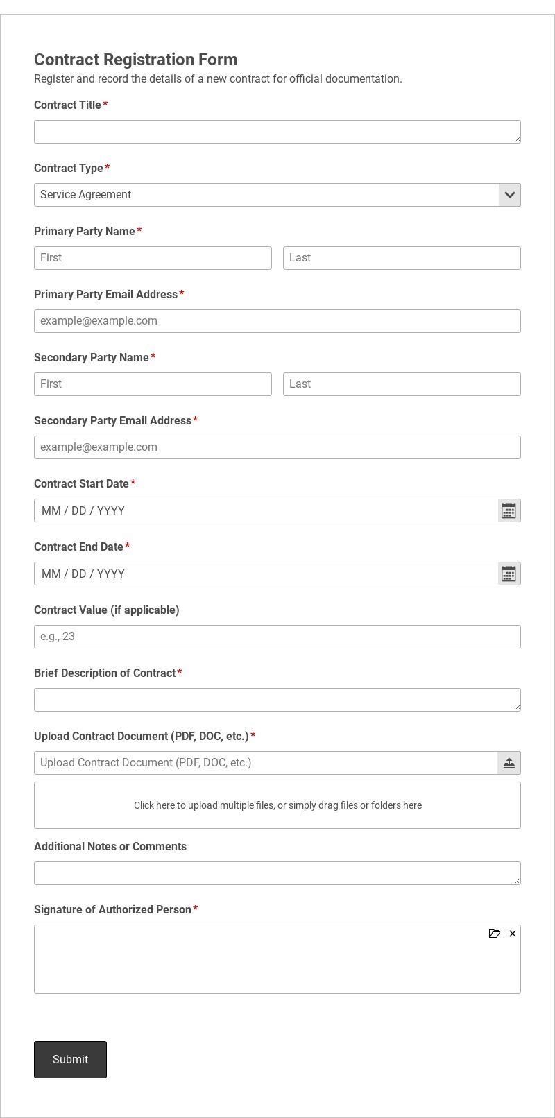 Contract Registration Form Template form template