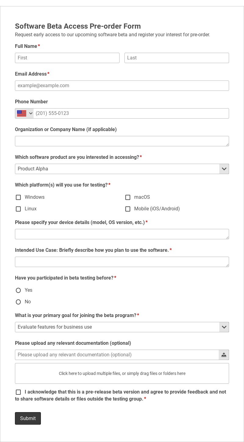 Software Beta Access Pre-order Form Template form template