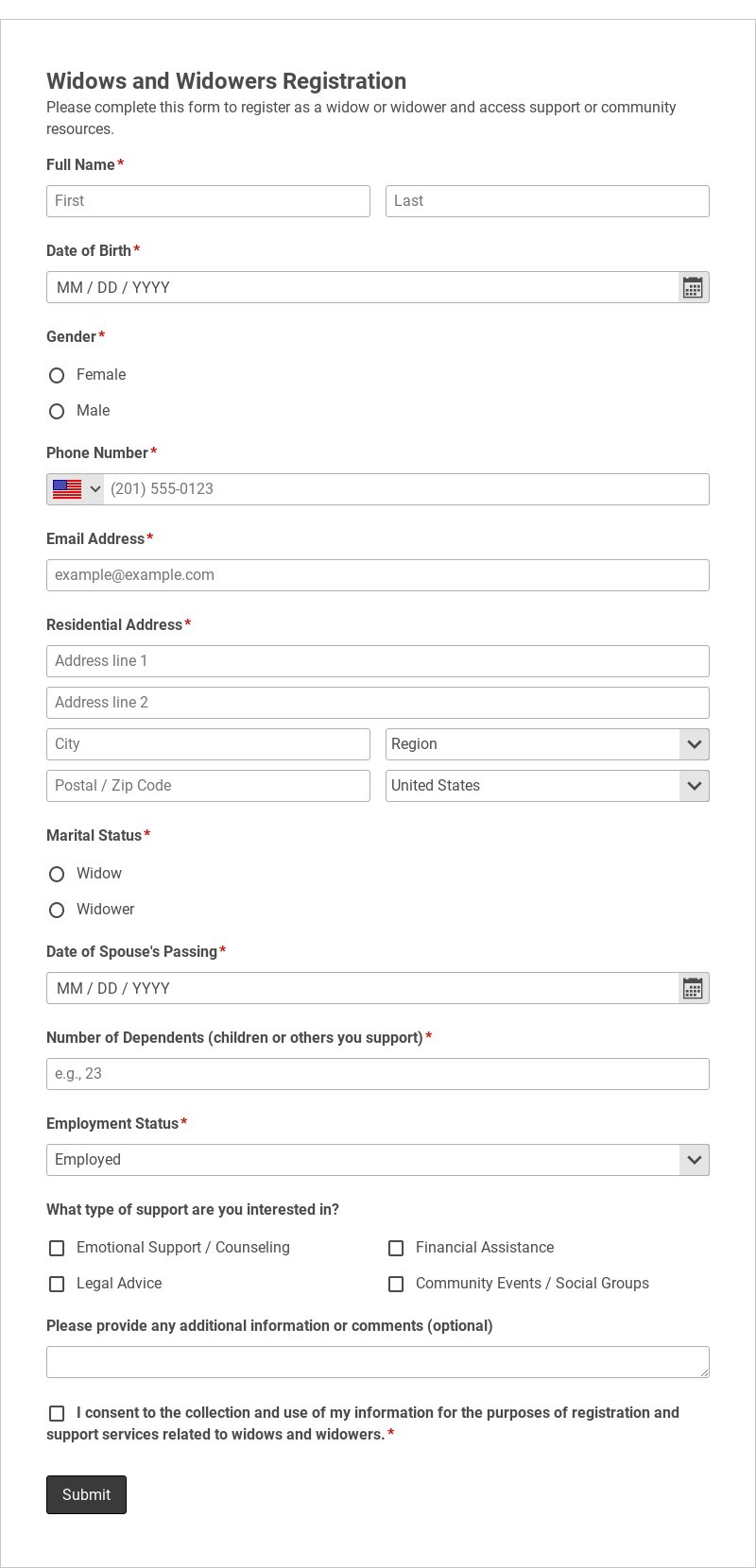 Widows and Widowers Registration Template form template