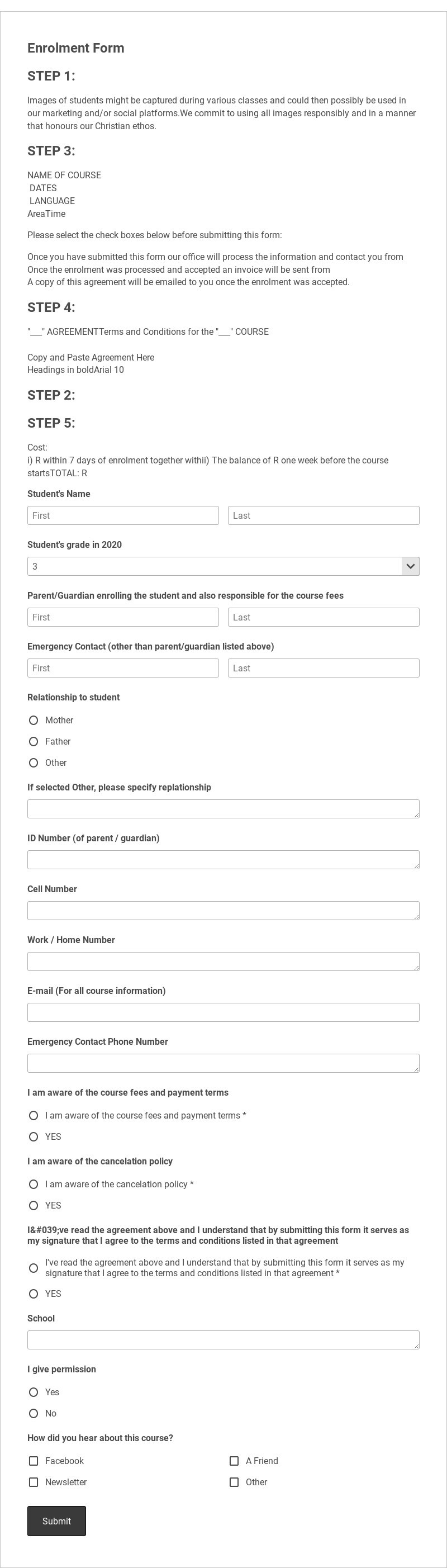 NAME OF FORM HERE (Start Date and Language) Template form template