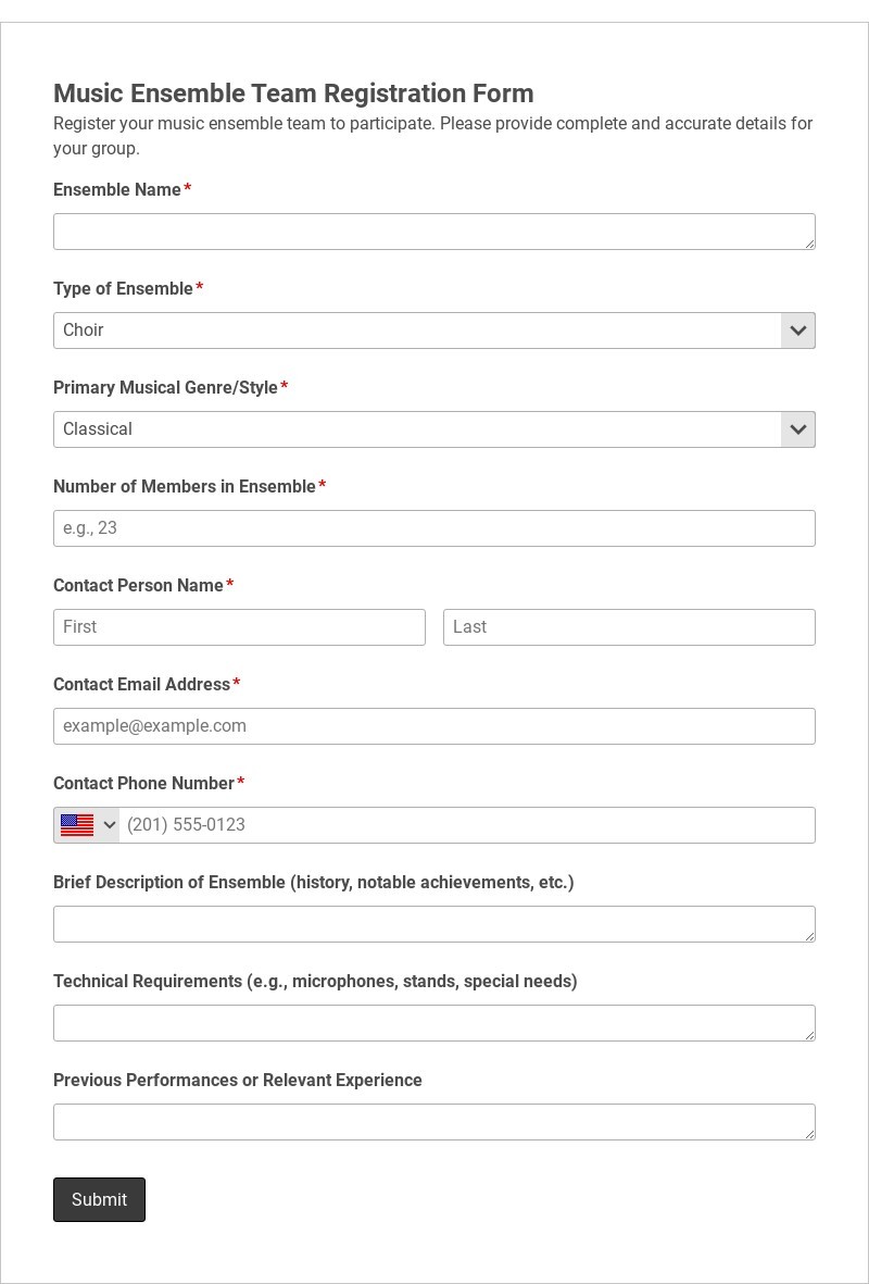 Music Ensemble Team Registration Form Template form template
