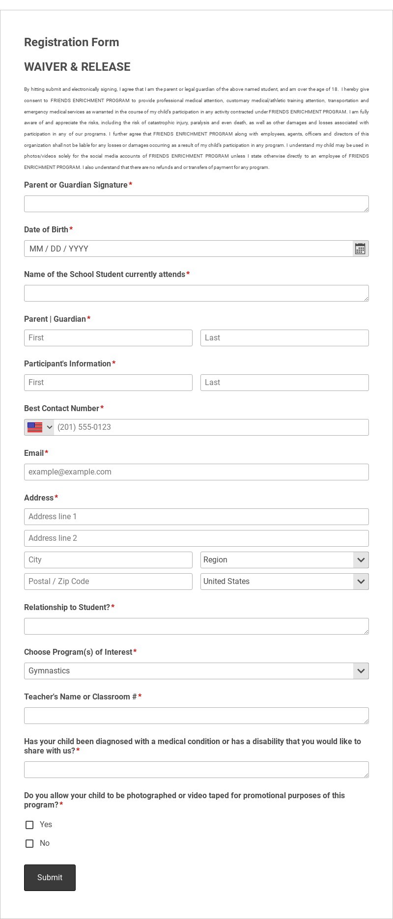 After School Programs Enrollment Form Template