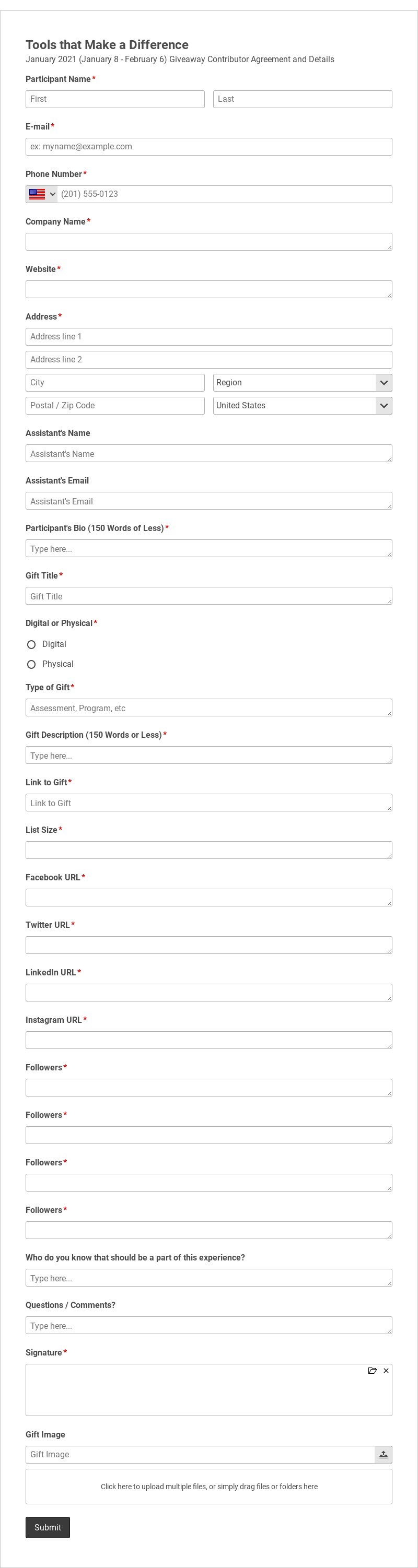Giveaway Partner Registration Form Template form template