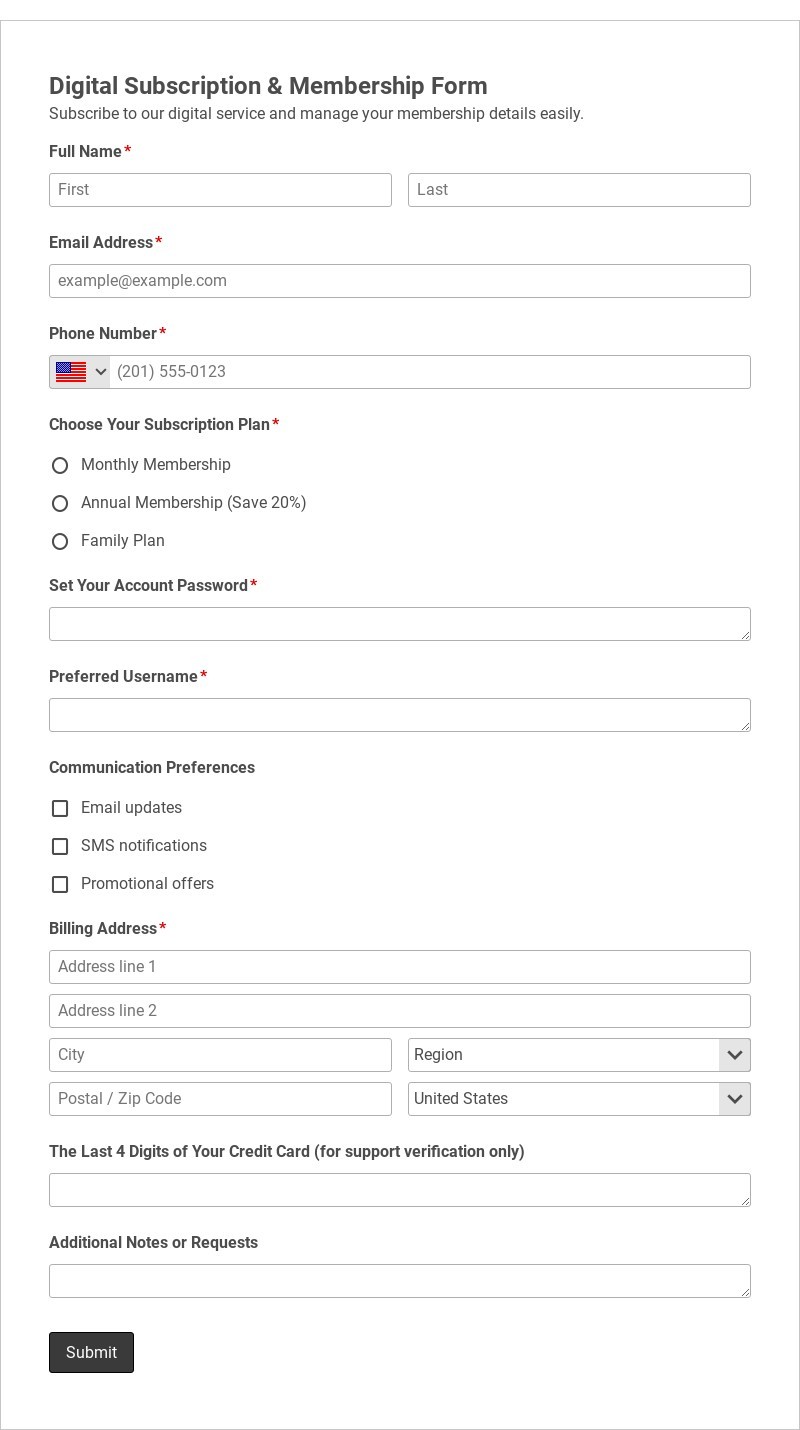 Digital Subscription & Membership Form Template form template