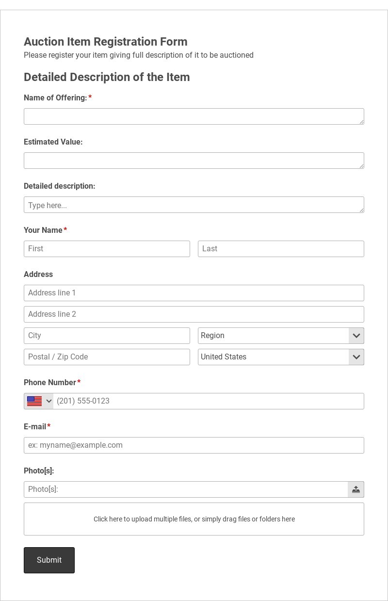 Auction Item Registration Form Template
