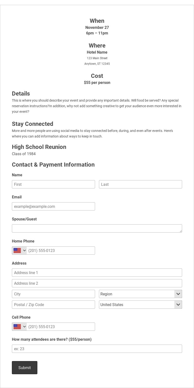 Reunion Registration Template form template
