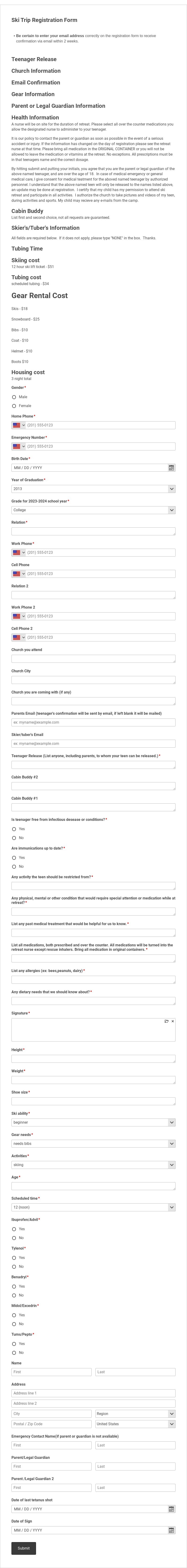 Ski Trip Registration Form Template form template