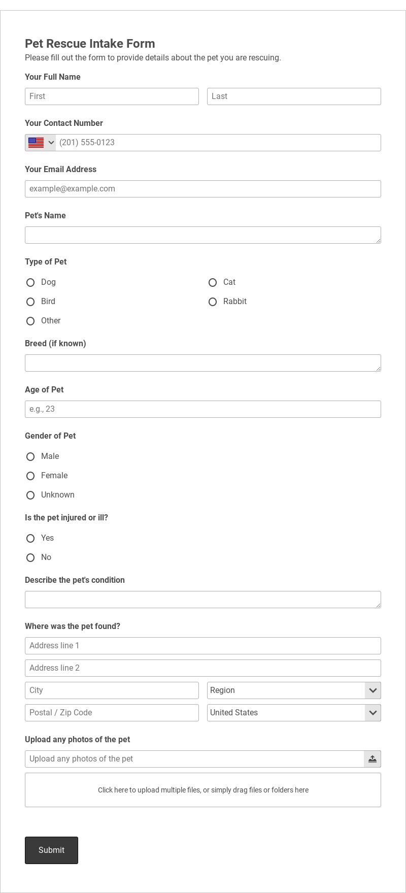 Pet Rescue Intake Form Template form template