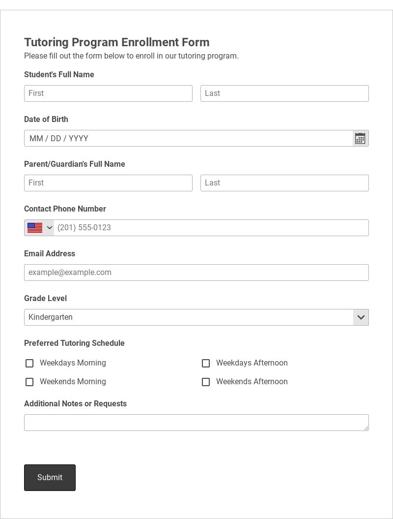 Tutoring Program Enrollment Form Template form template