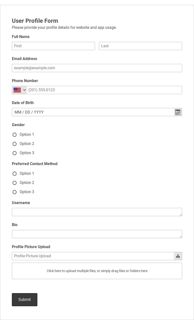 Website and App User Profile Form Template form template