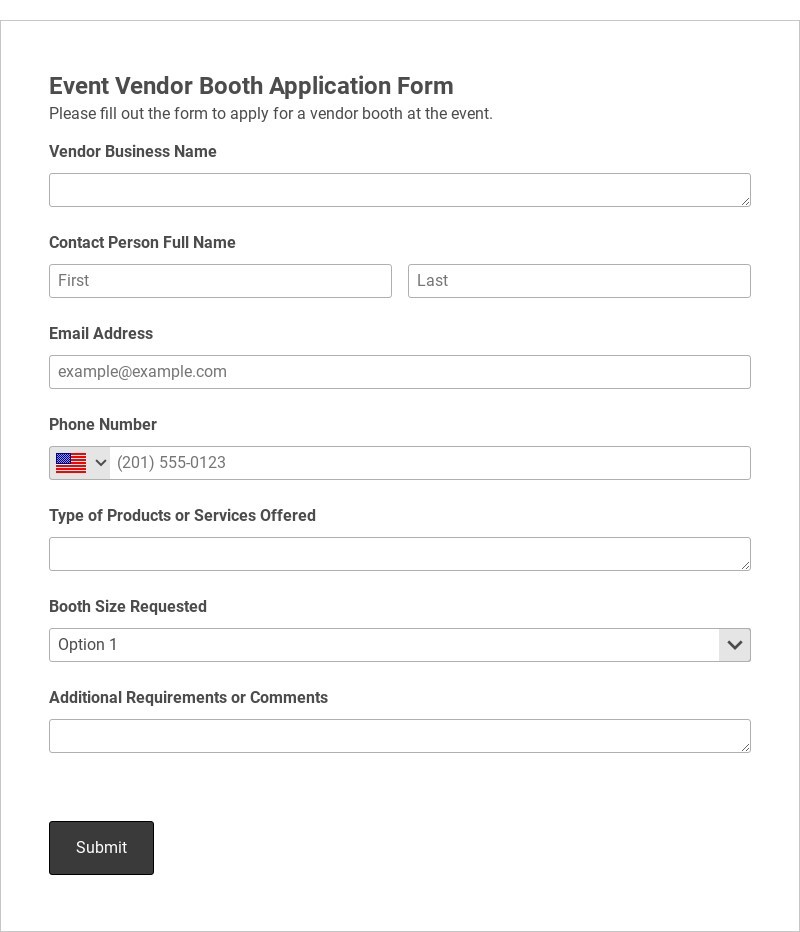 Event Vendor Booth Application Form Template form template