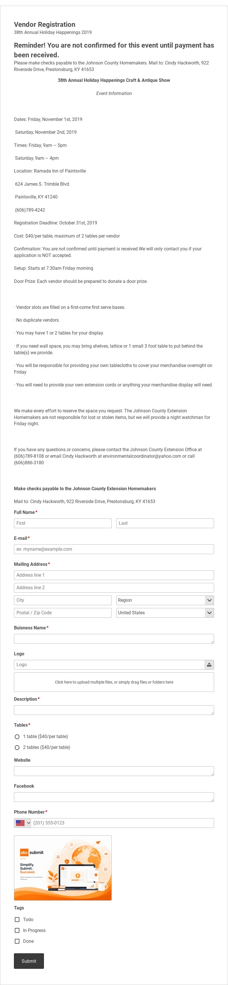 Craft Fair Vendor Registration Form Template form template