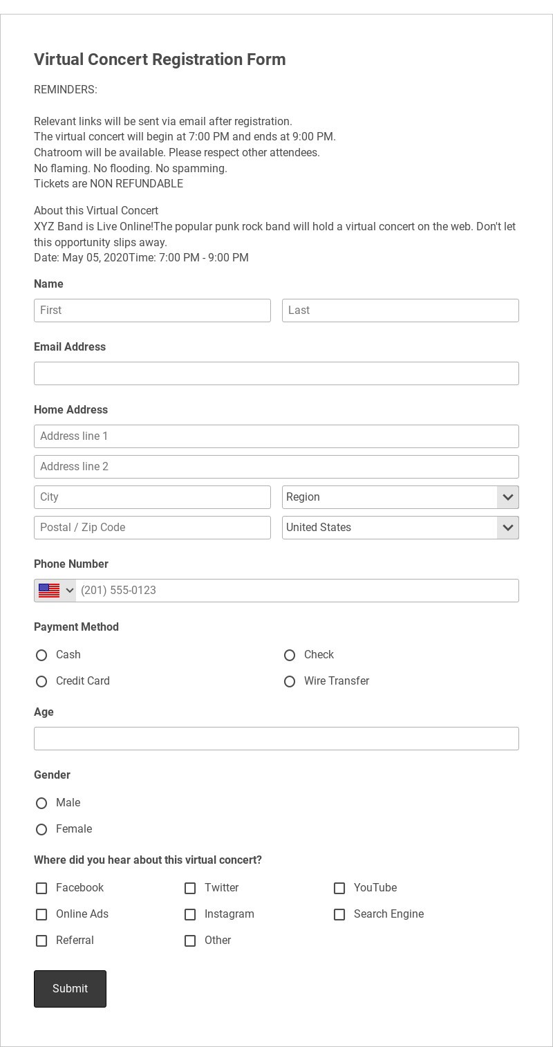 Virtual Concert Registration Form Template