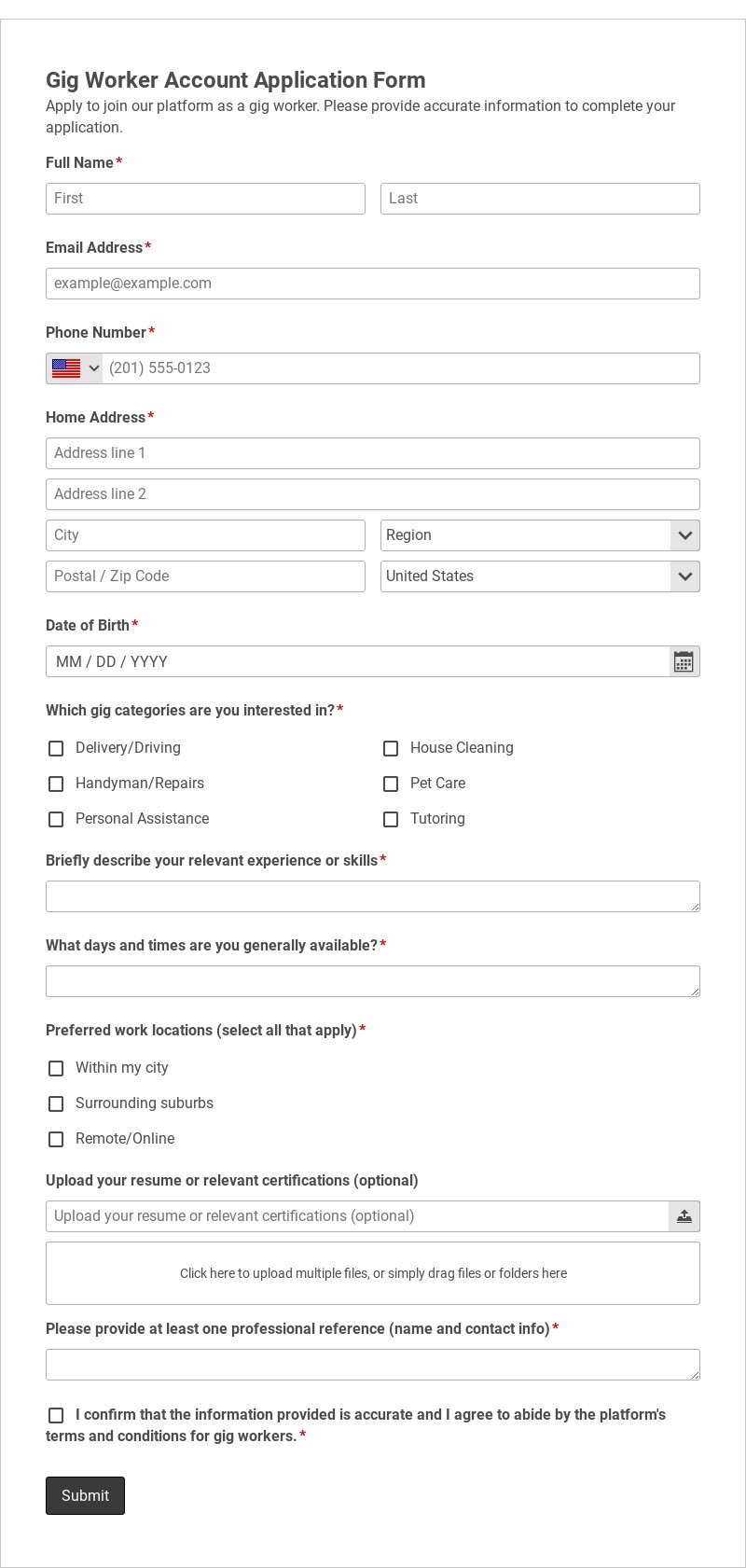Gig Worker Account Application Form Template form template