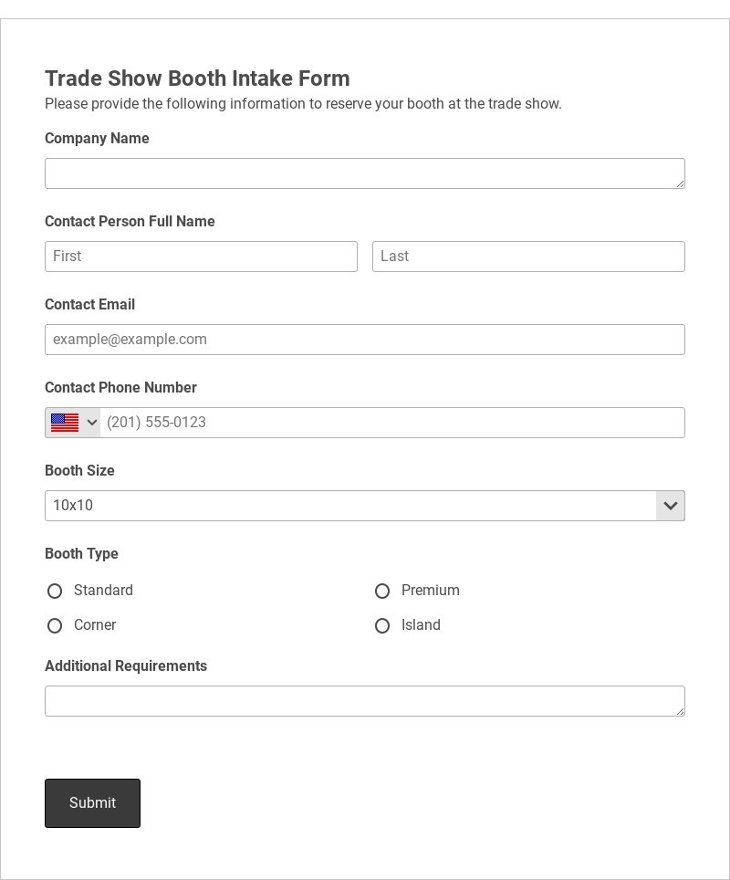 Trade Show Booth Intake Form Template form template
