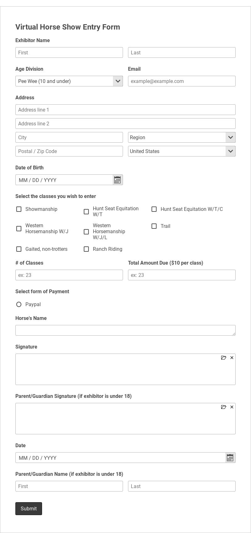 Virtual Horse Show Entry Form Template form template
