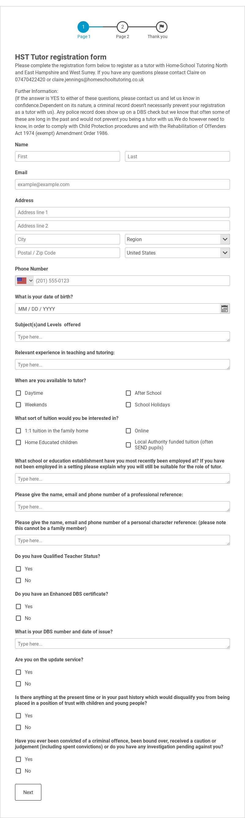 Tutor Registration Form Template