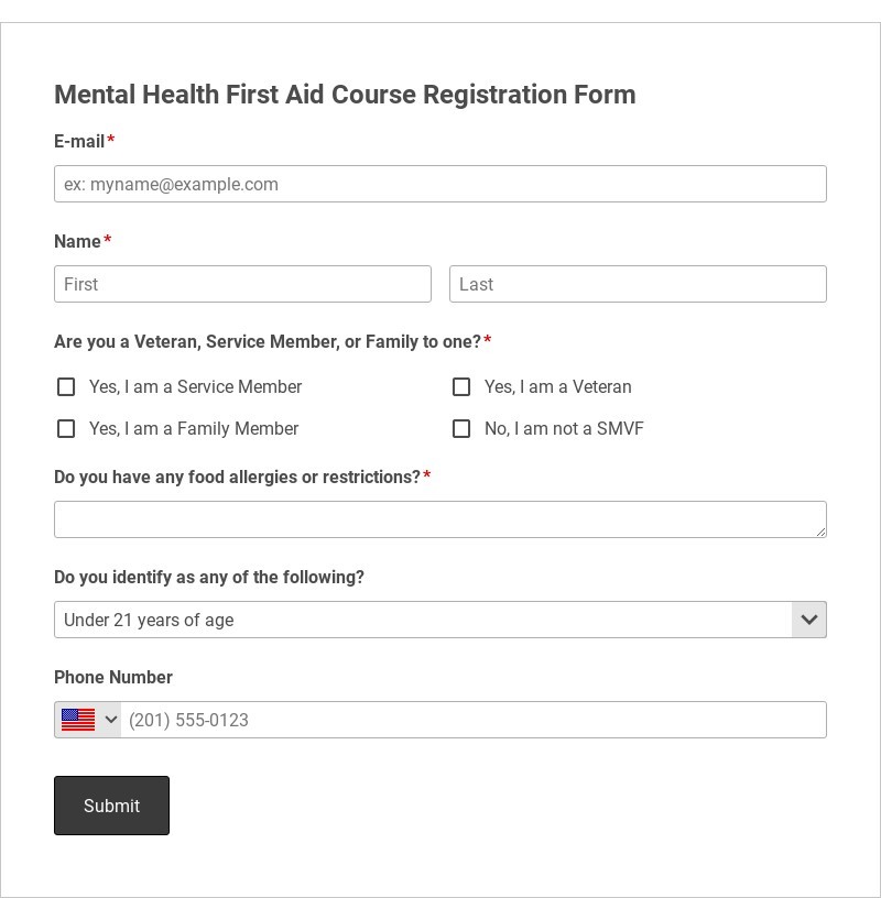 Mental Health First Aid Course Registration Form Template form template