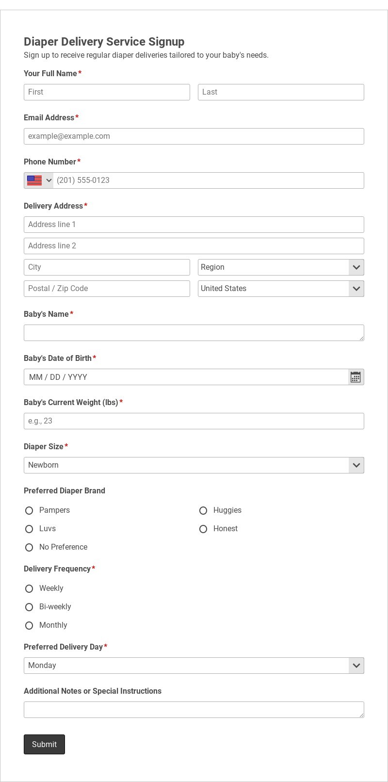 Diaper Delivery Service Signup Template form template
