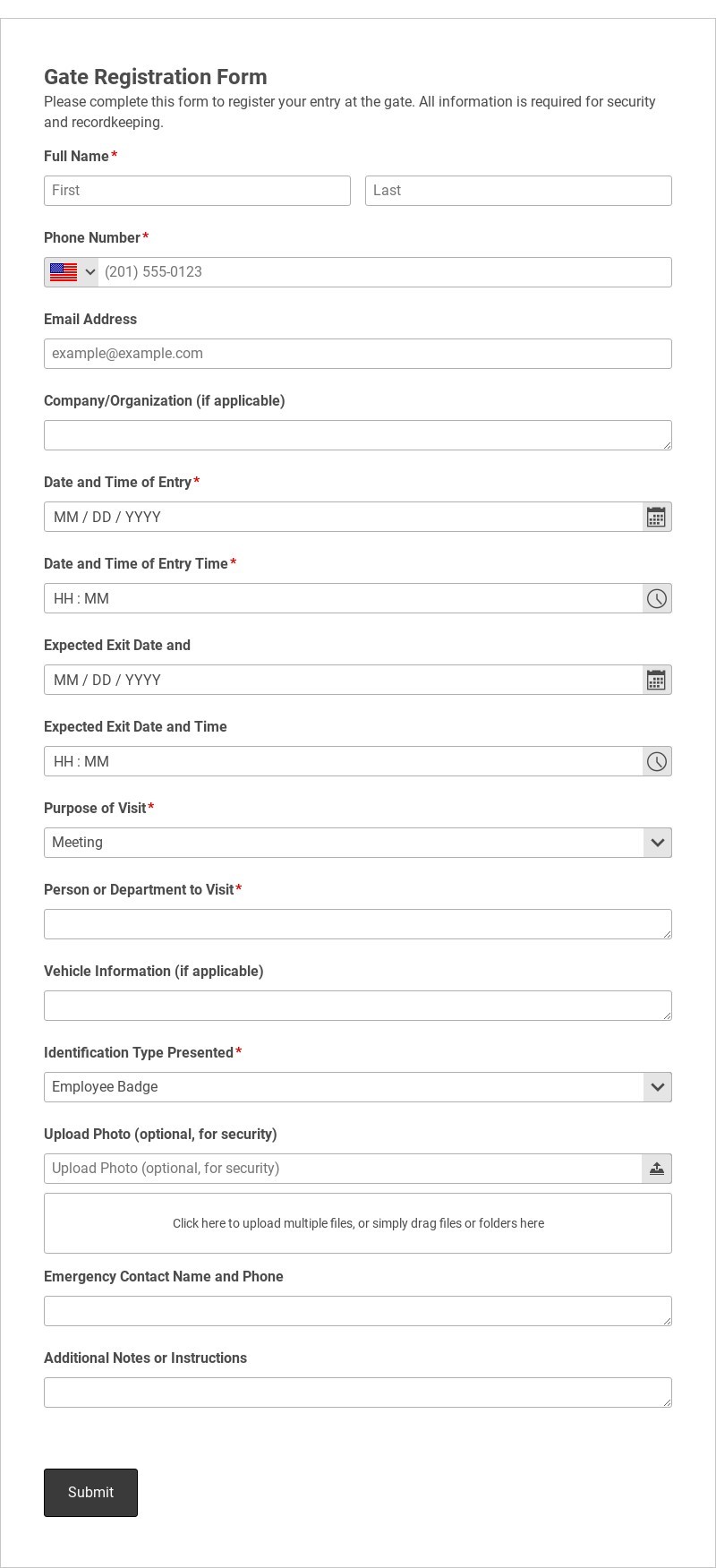 Gate Registration Form Template form template