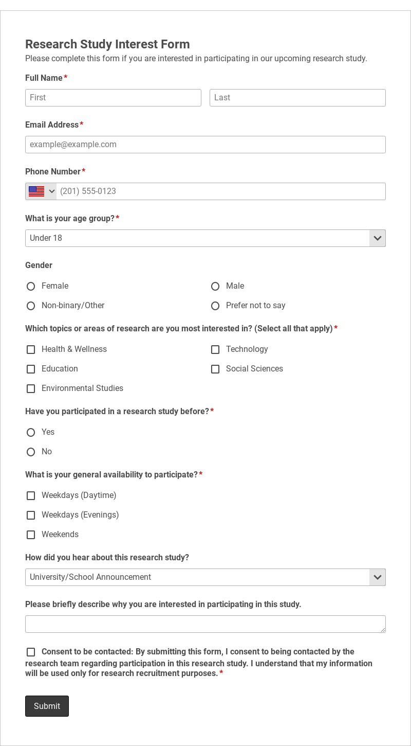 Research Study Interest Form Template form template