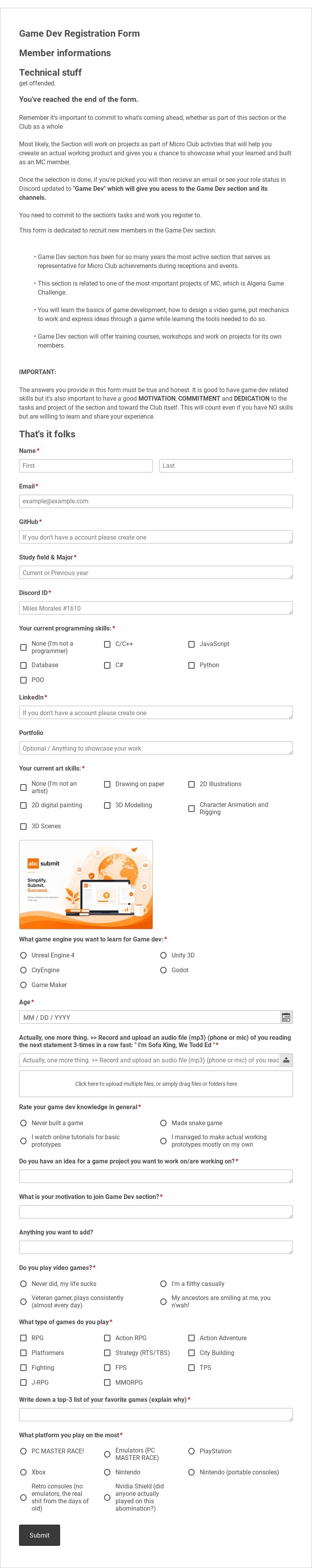 Game Dev Club Registration Form Template form template