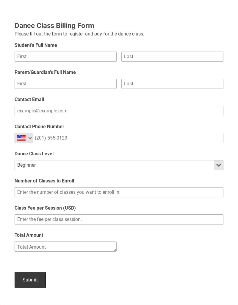 Dance Class Billing Form Template form template