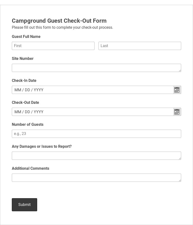 Campground Guest Check-Out Form Template form template