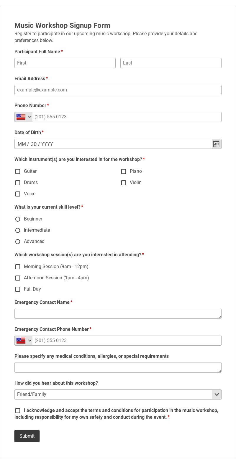 Music Workshop Signup Form Template form template
