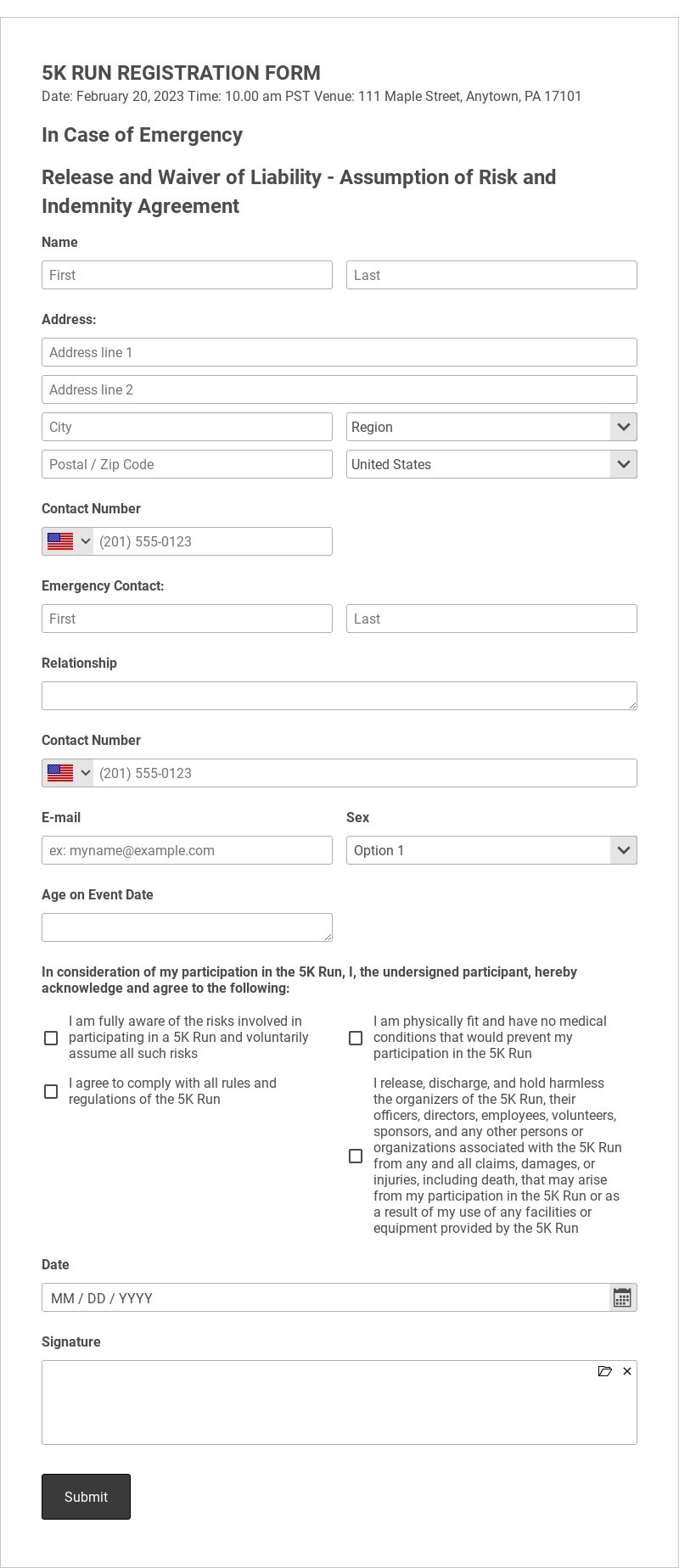 5K Run Registration Form Template