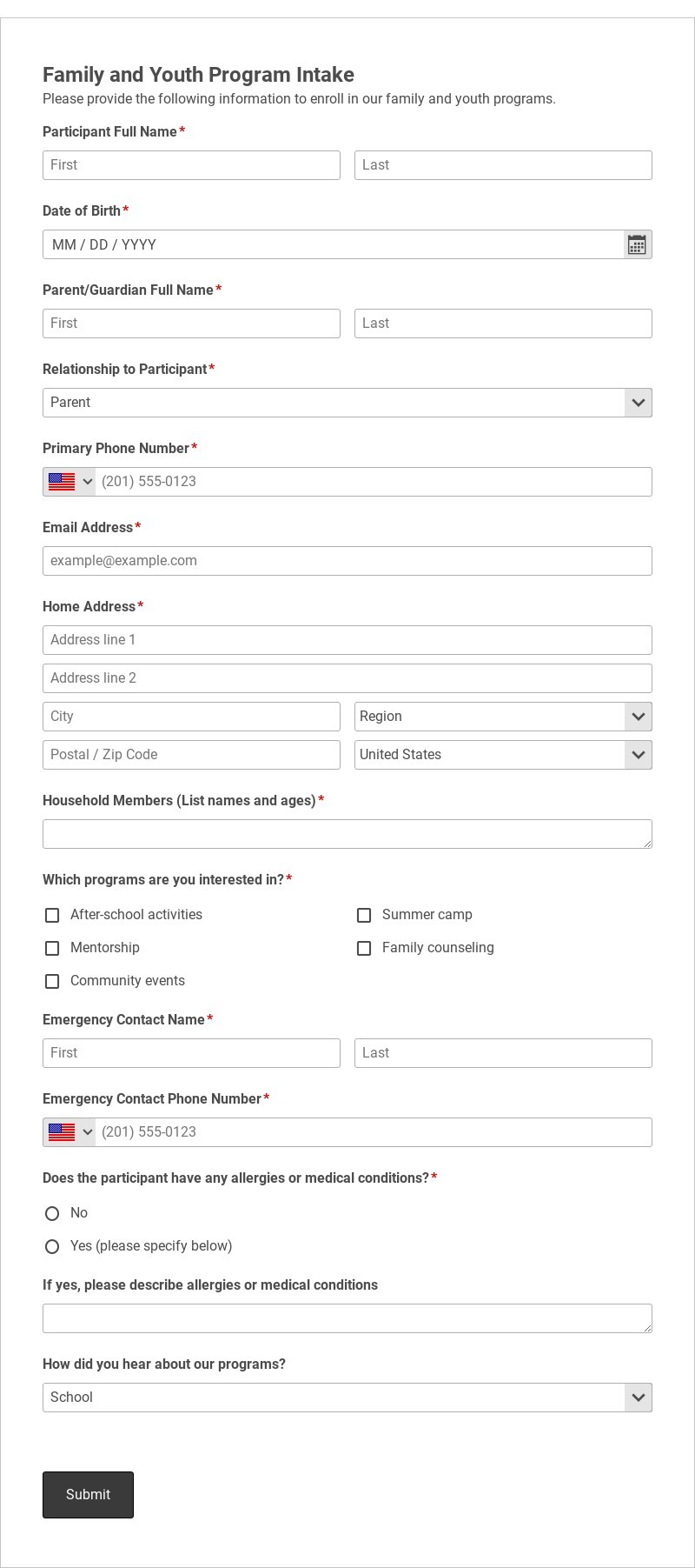 Family and Youth Program Intake Template form template
