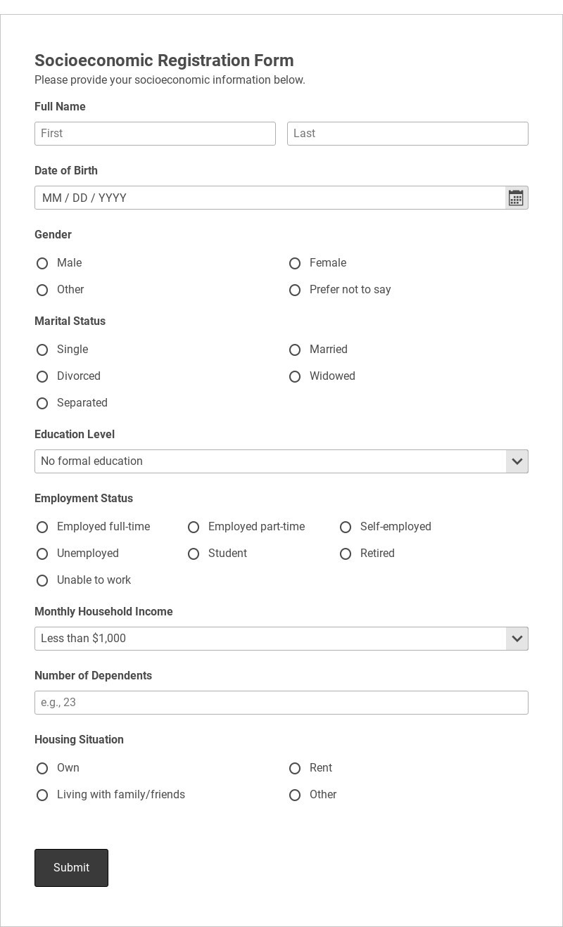 Socioeconomic Registration Form Template form template