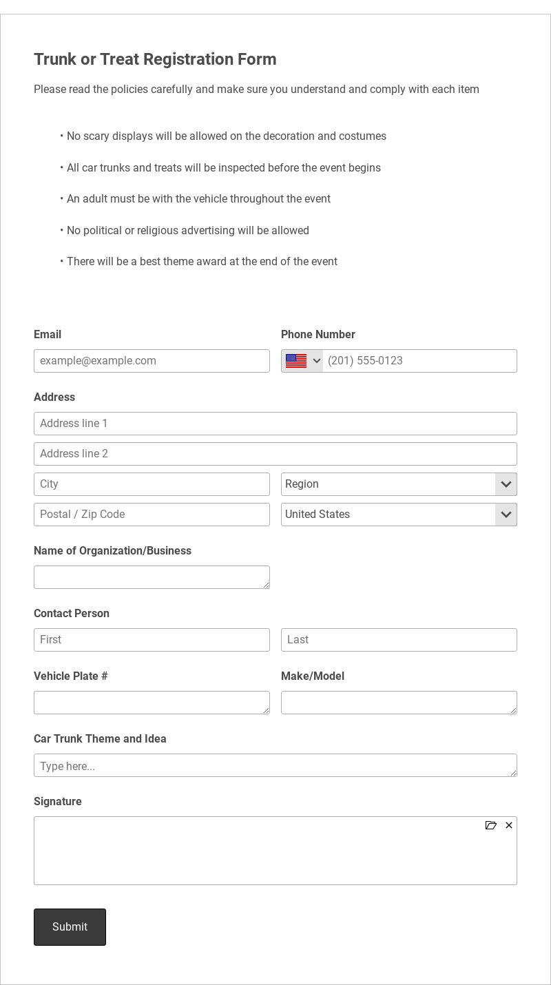 Trunk or Treat Registration Form Template