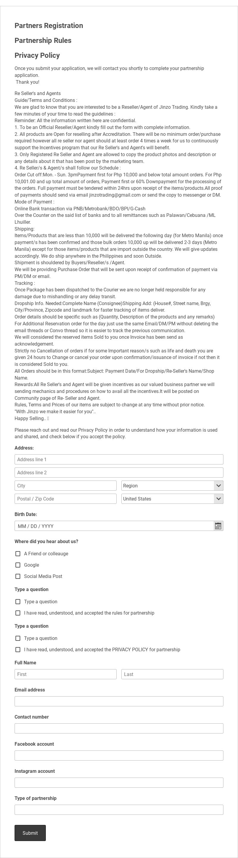 Partner Registration Form Template form template