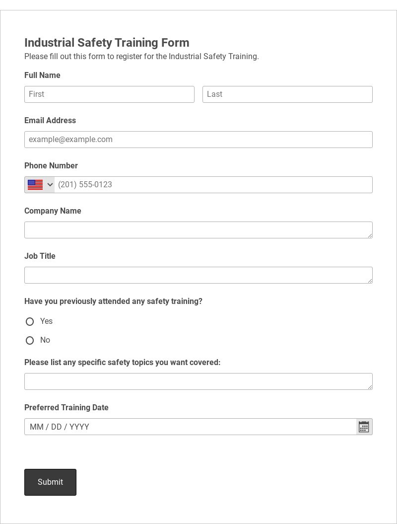 Industrial Safety Training Form Template form template