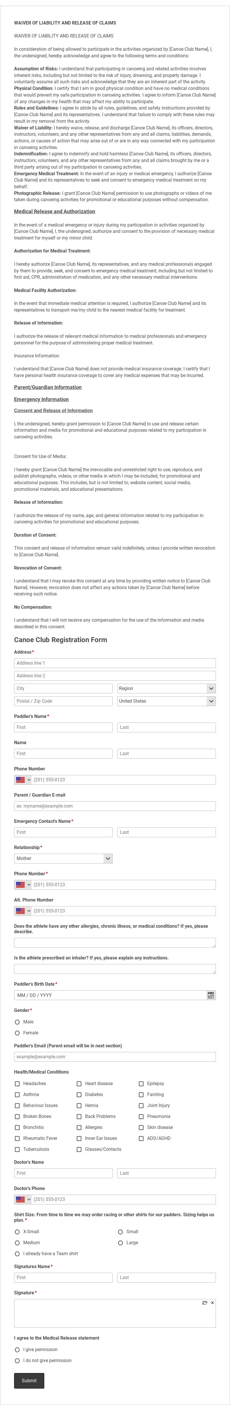 Canoe Club Registration Form Template