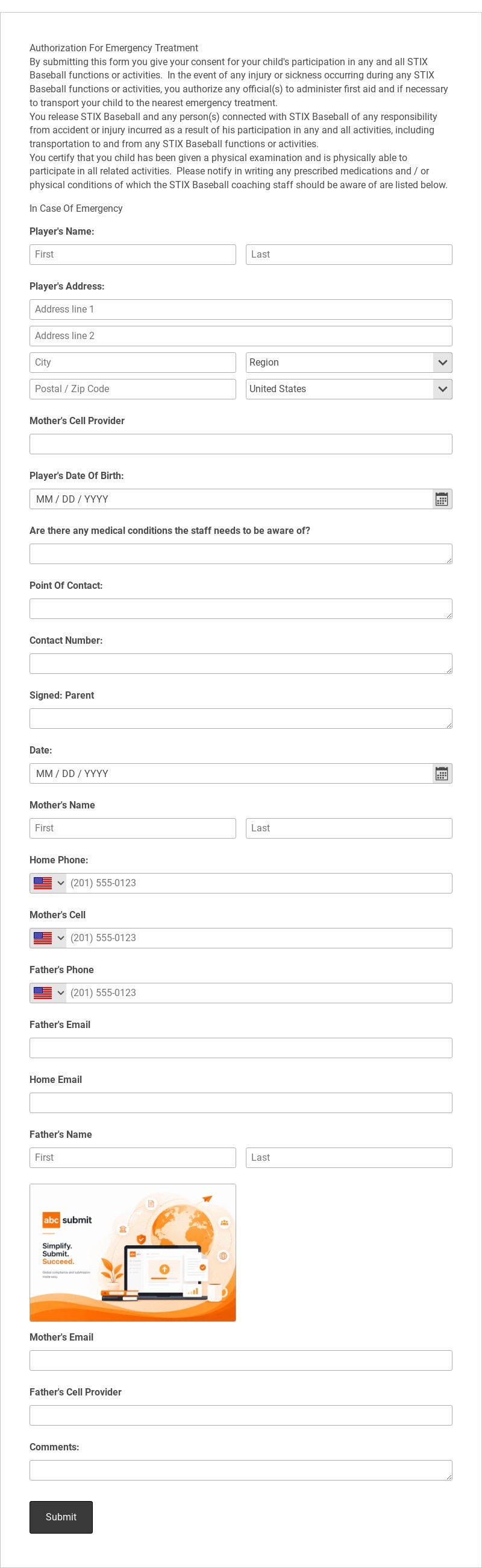 Kids Baseball Registration Form Template form template