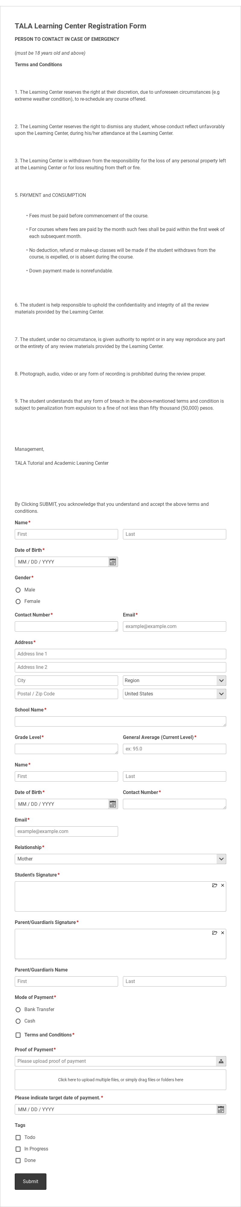 Learning Center Registration Form Template form template