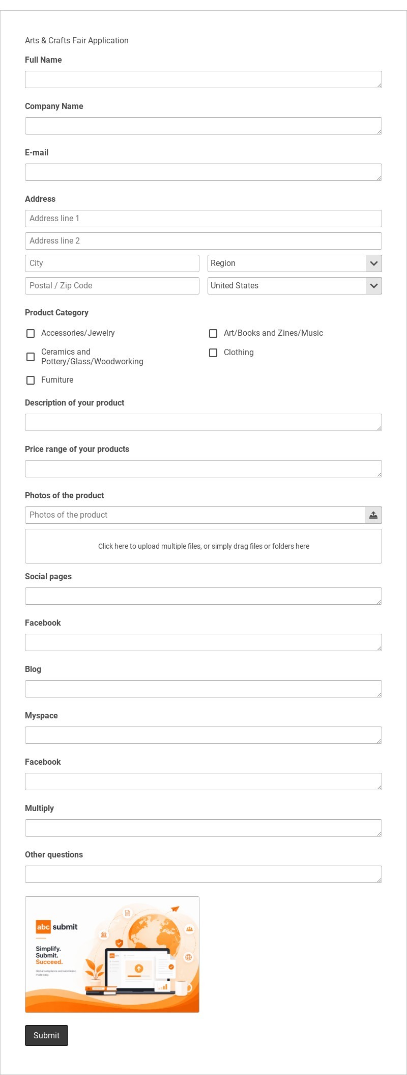 Arts & Crafts Fair Application Form Template form template