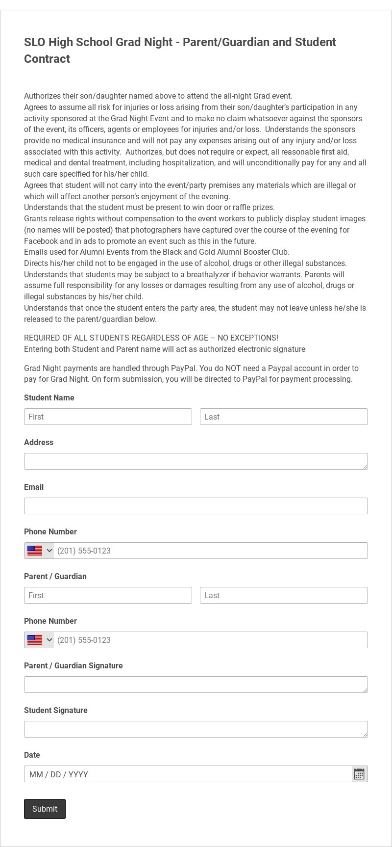High School Grad Night Sign Up Form Template form template