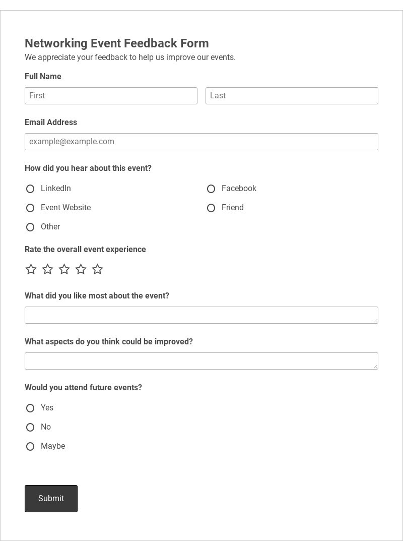 Networking Event Feedback Form Template form template