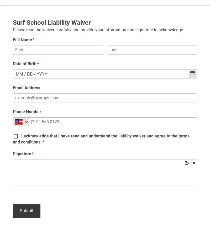 Surf School Liability Waiver Template form template