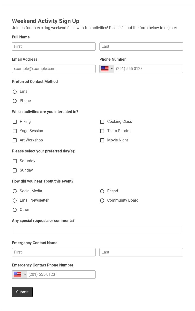 Weekend Activity Sign Up Form Template form template