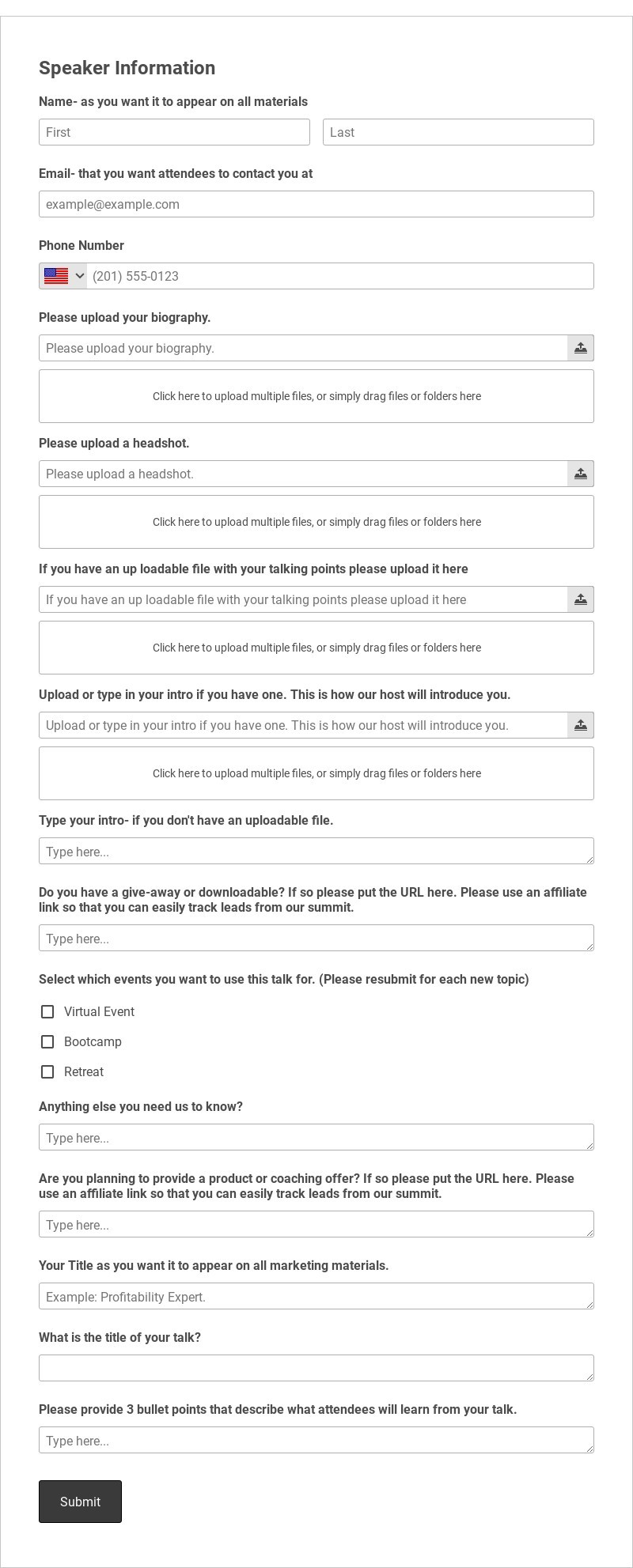 Speaker Information Collection Form Template form template